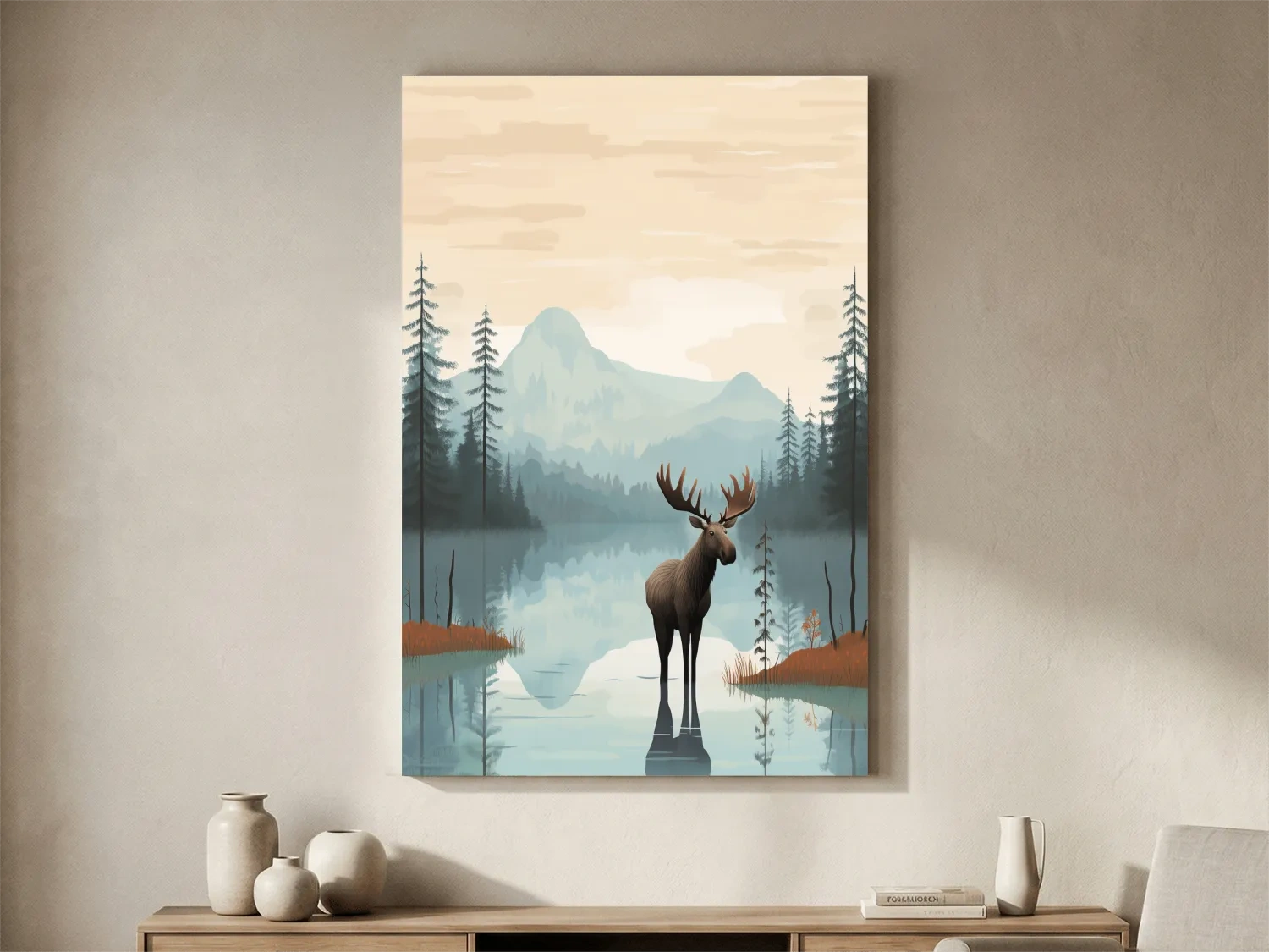 Moose Mountain Lake Illustration - Nursery Forest Mountain Wall Art