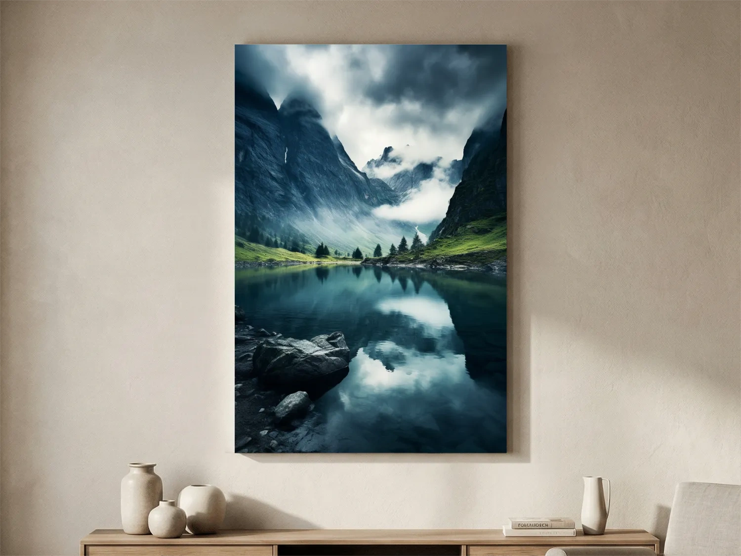 Moody Misty Alpine Lake Reflection - Dramatic Photographic Mountain Wall Art