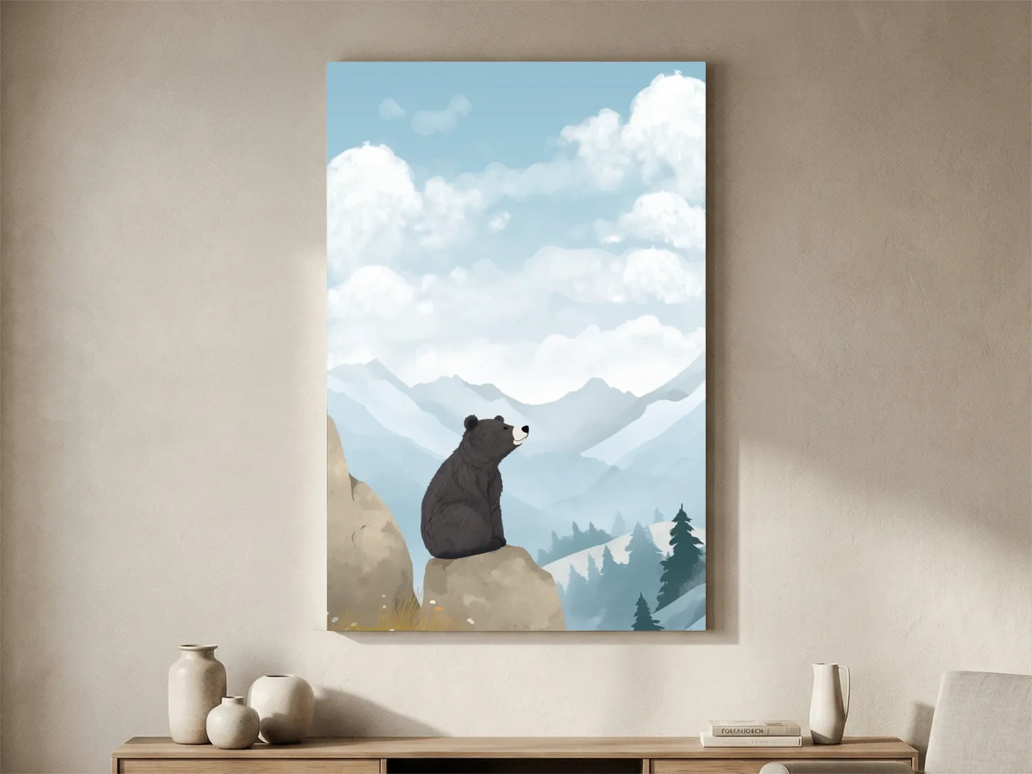Whimsical Black Bear Mountain Landscape Illustration - Cute Animal Nursery Wall Art