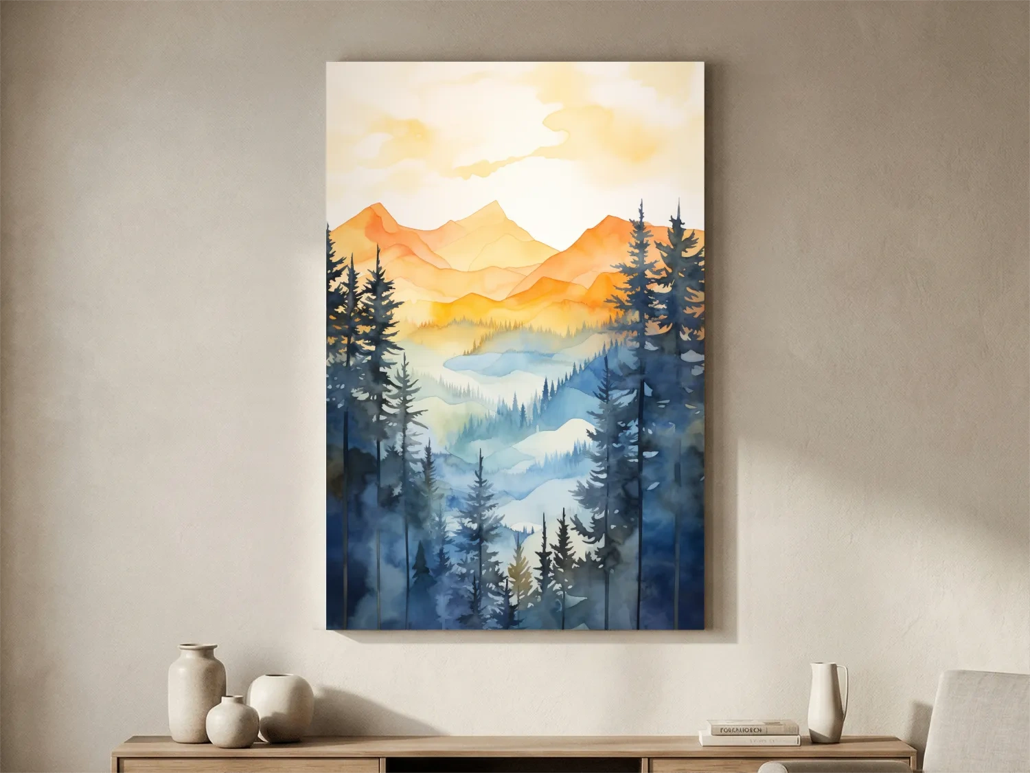 Golden Watercolor Mountain Sunrise Painting - Misty Alpine Forest Artwork