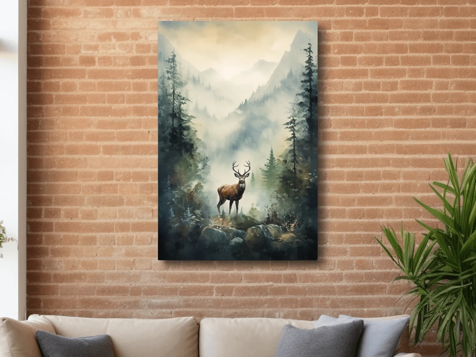 Watercolour painting of a deer standing in a misty forest