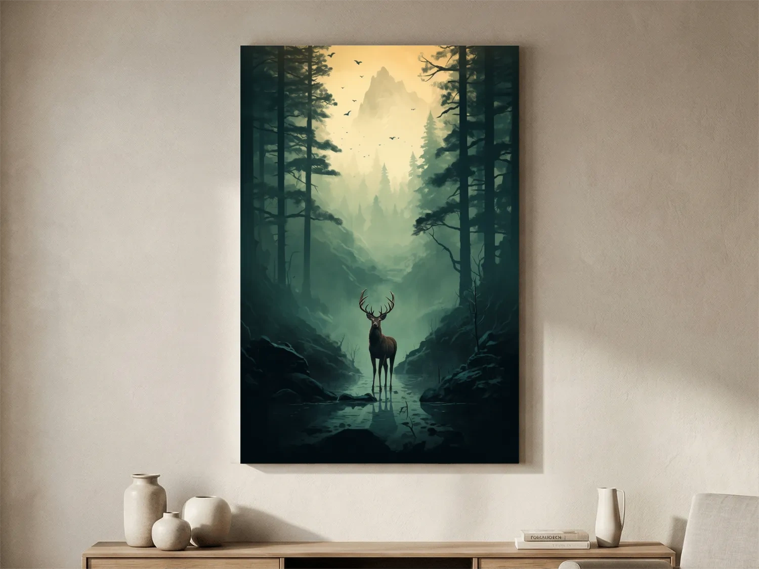 Moody Misty Forest Deer Stag Landscape - Atmospheric Wildlife Mountain Wall Art