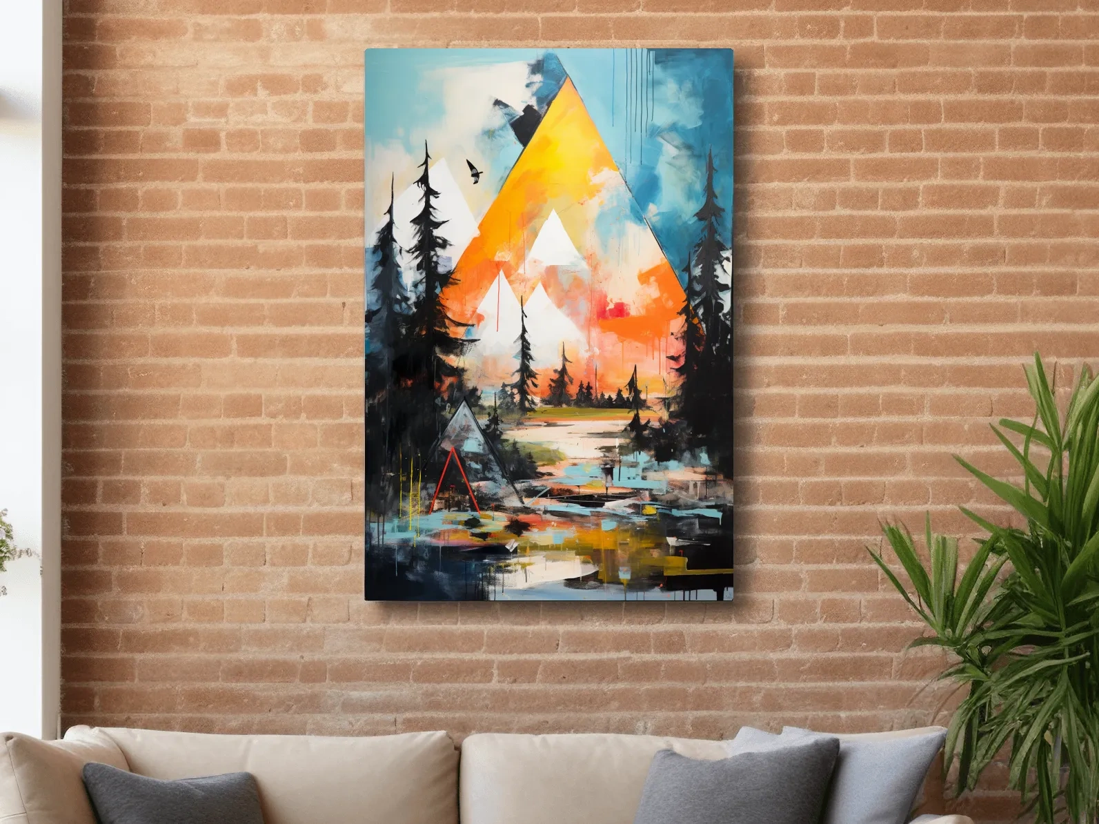 Vibrant Abstract Mountain Painting - Modern Geometric Alpine Forest Wall Art