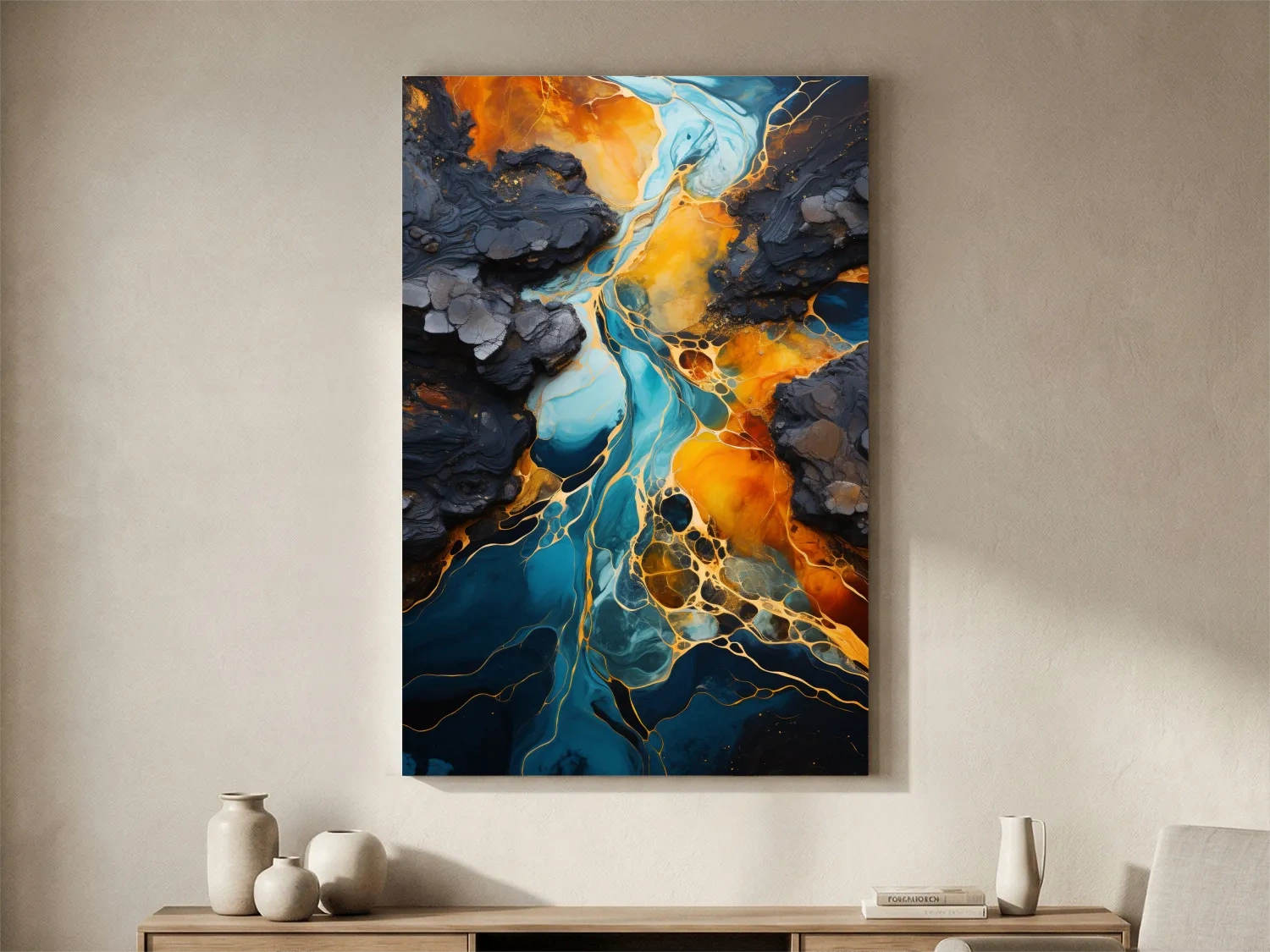 Elegant Gold And Teal Abstract Flowinf River - Alcohol Ink Style Wall Art