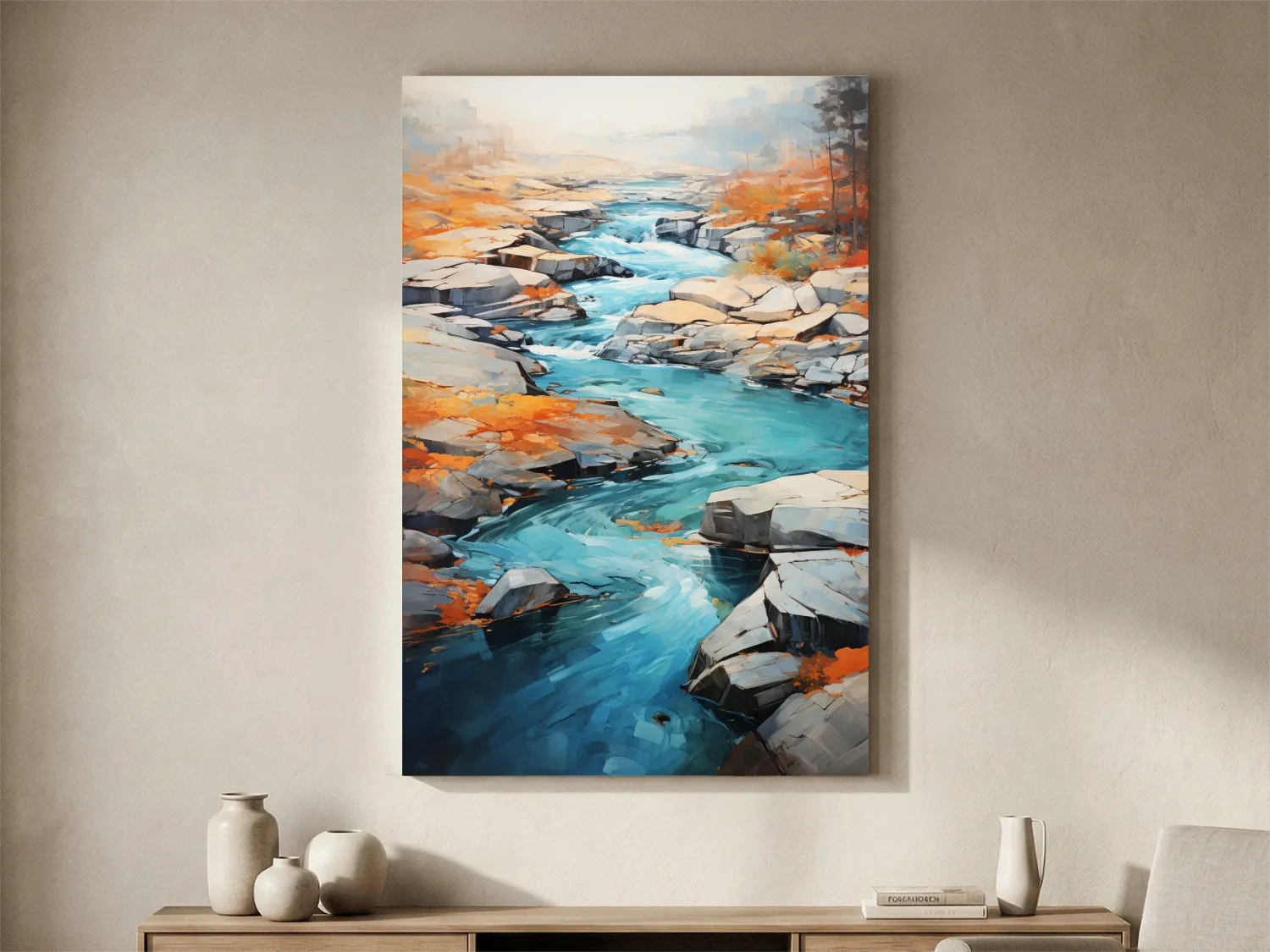 Vibrant Turquoise River Through Rocky Canyon - Modern Impressionist Landscape Wall Art