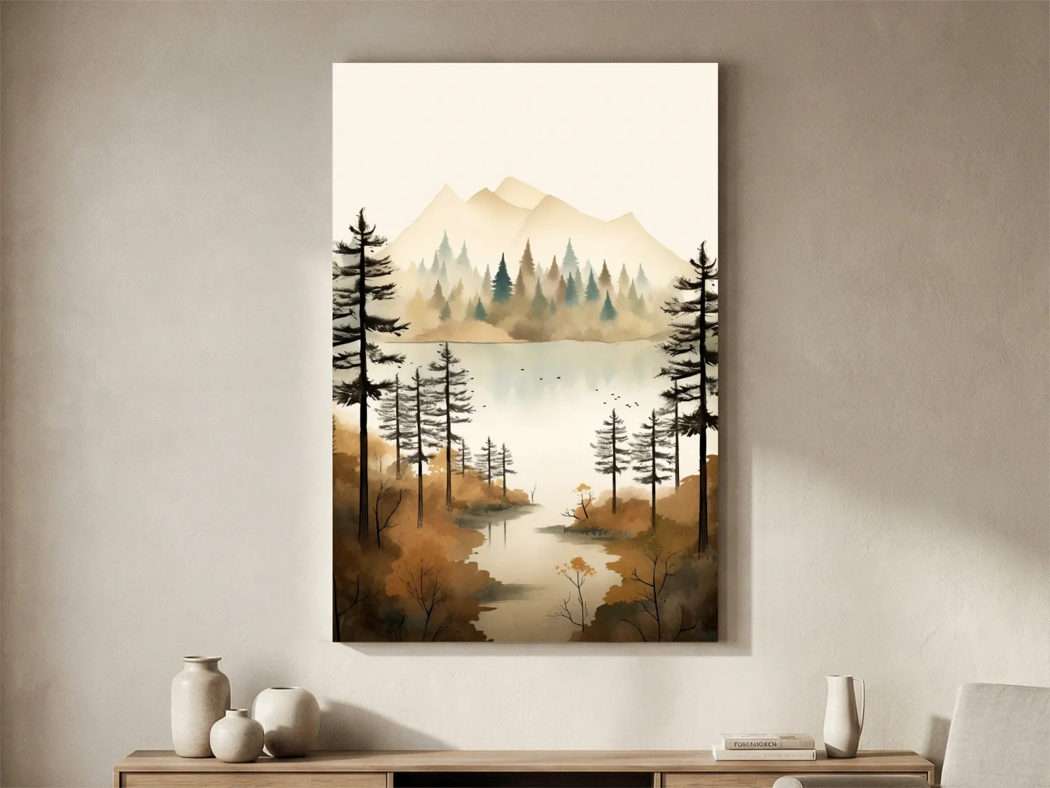 Watercolour landscape art, lakeside forest scenery in fall