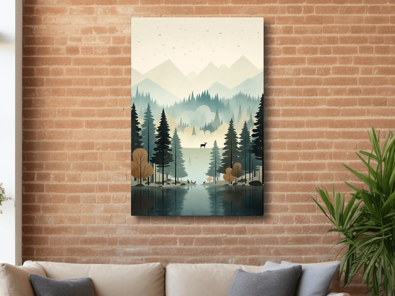 Alpine Lake Forest With Deer - Scandinavian Minimalist Wall Art