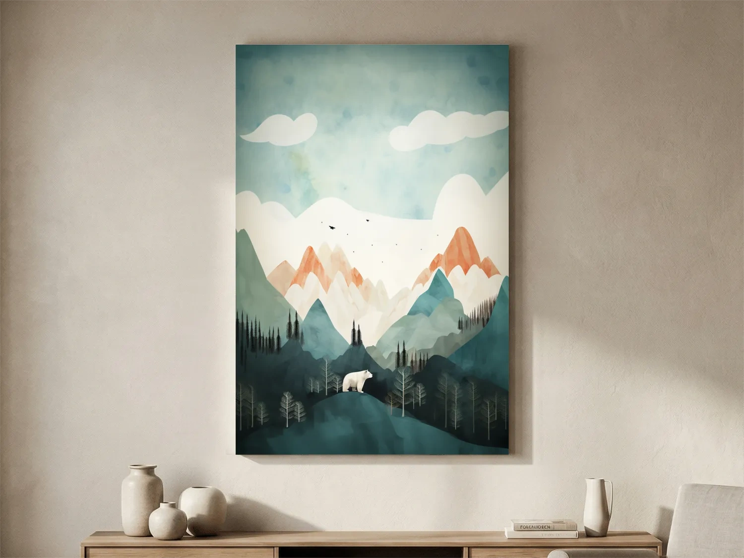 Whimsical Bear Alpine Mountain Landscape - Childrens Nursery Wall Art