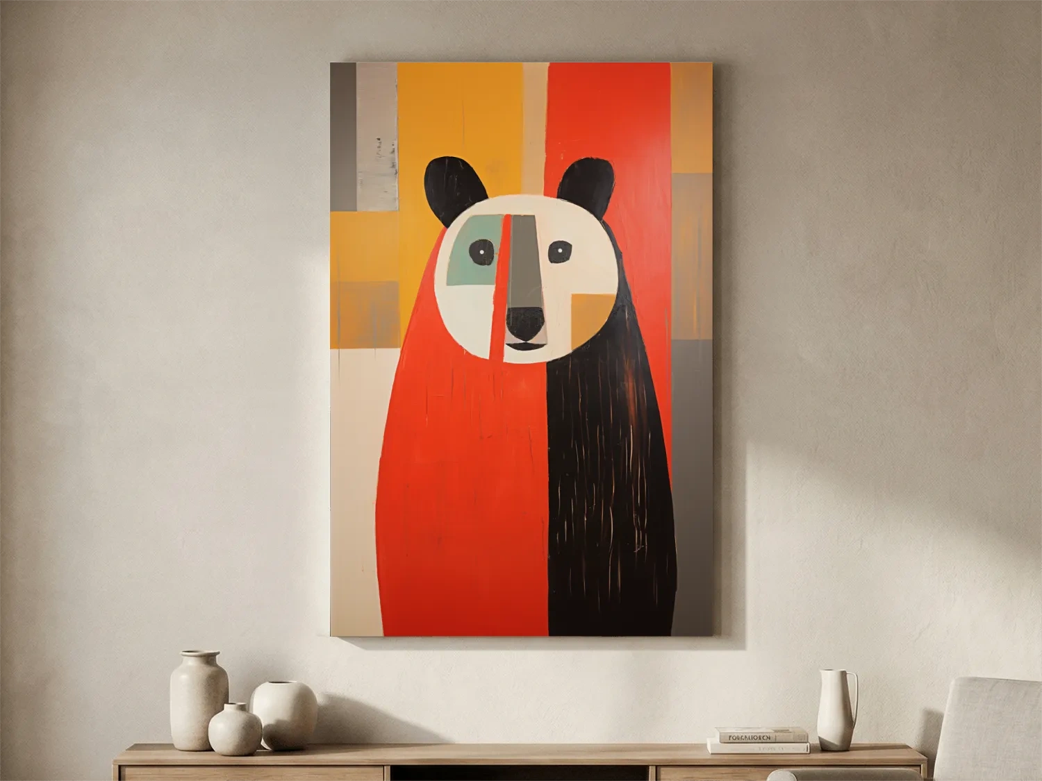 Bold Geometric Bear Portrait Painting - Quirky Abstract Animal Wall Art