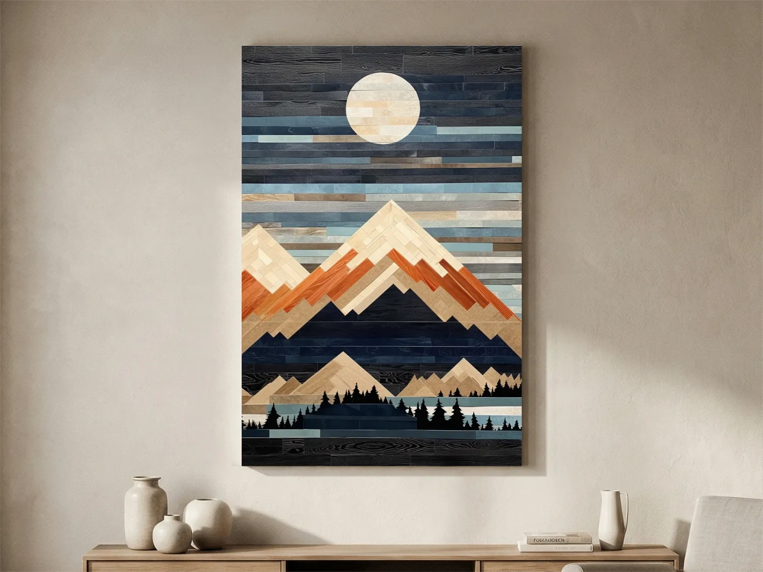 Geometric Wood Mosaic Mountain Range Under Full Moon - Modern Rustic Landscape Wall Art