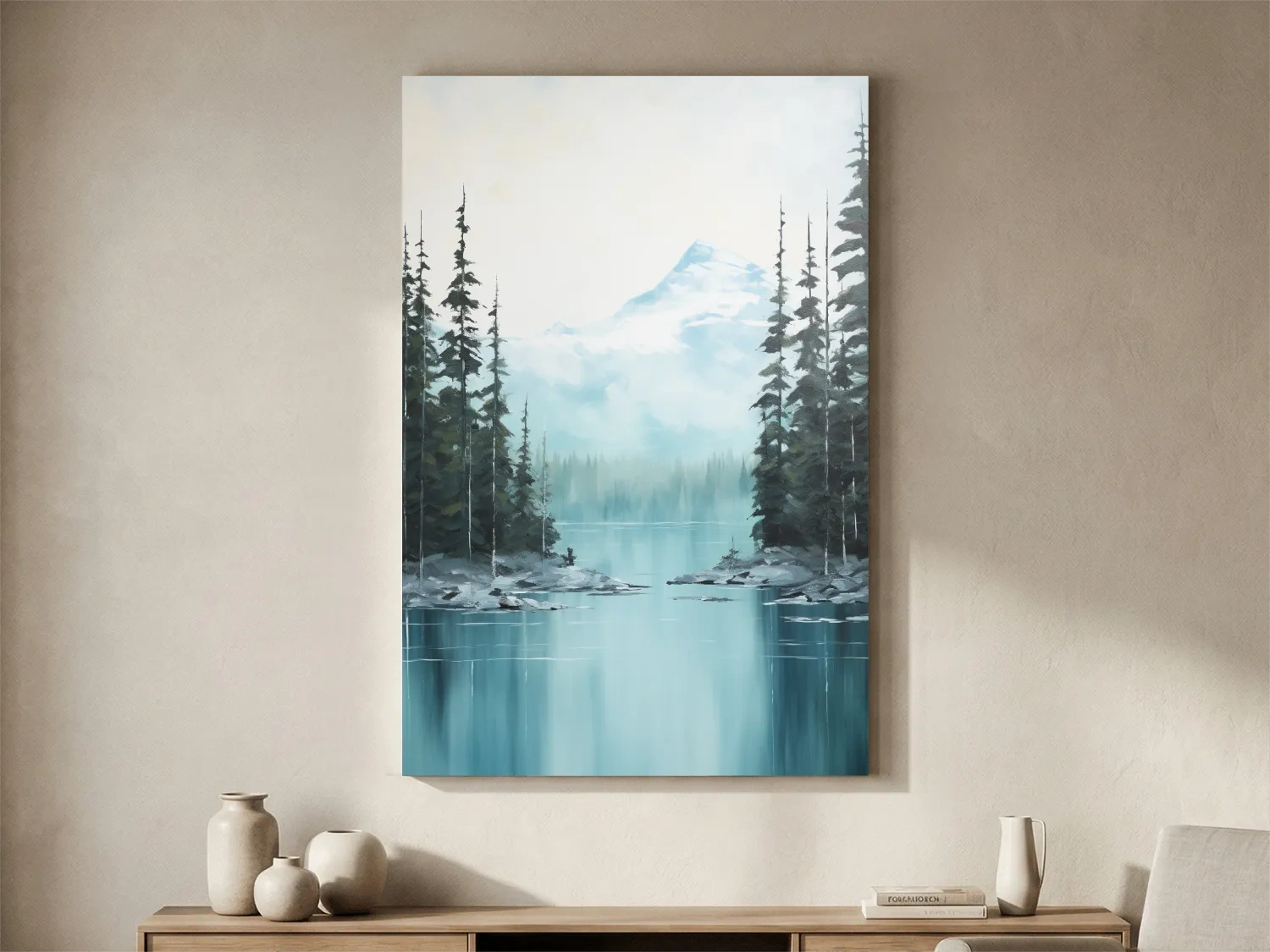 Turquoise Alpine Lake & Pine Forest Watercolor - Serene Mountain Landscape Wall Art