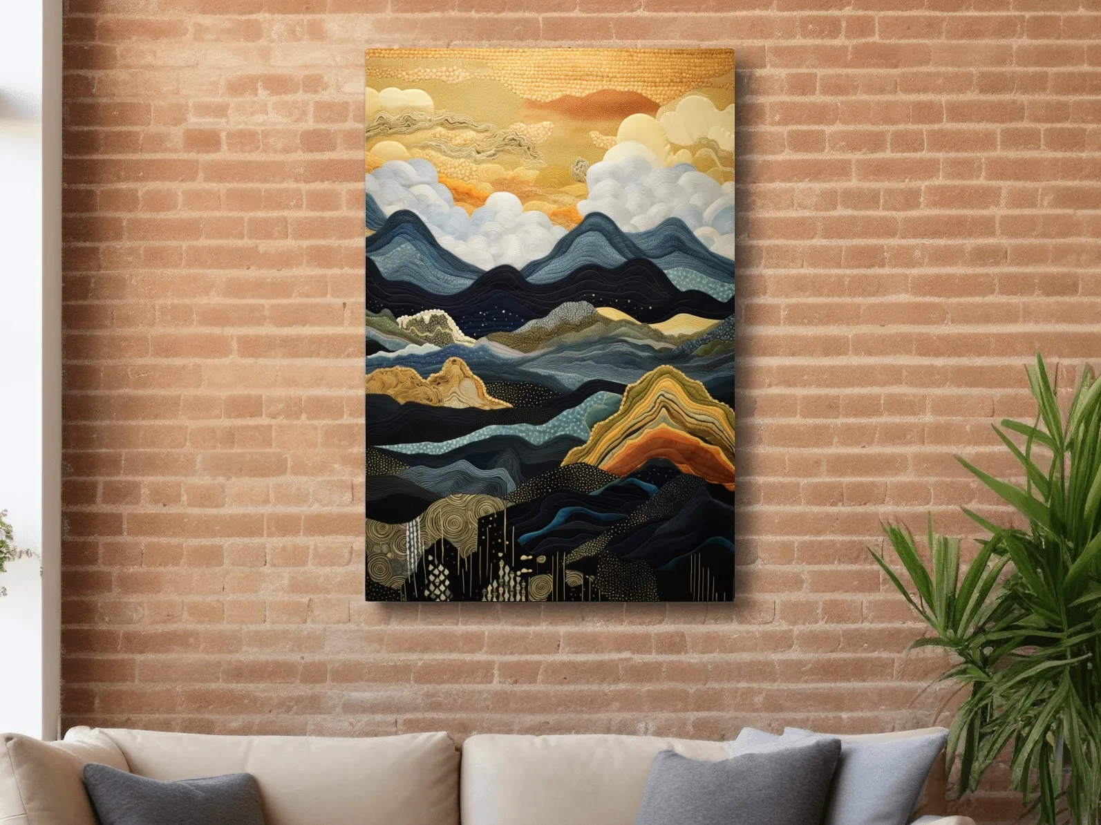 Elegant tapestry art, rolling mountain patterns