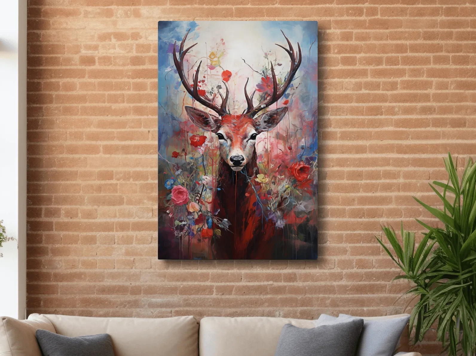 Floral painting of a deer, vibrant wall art