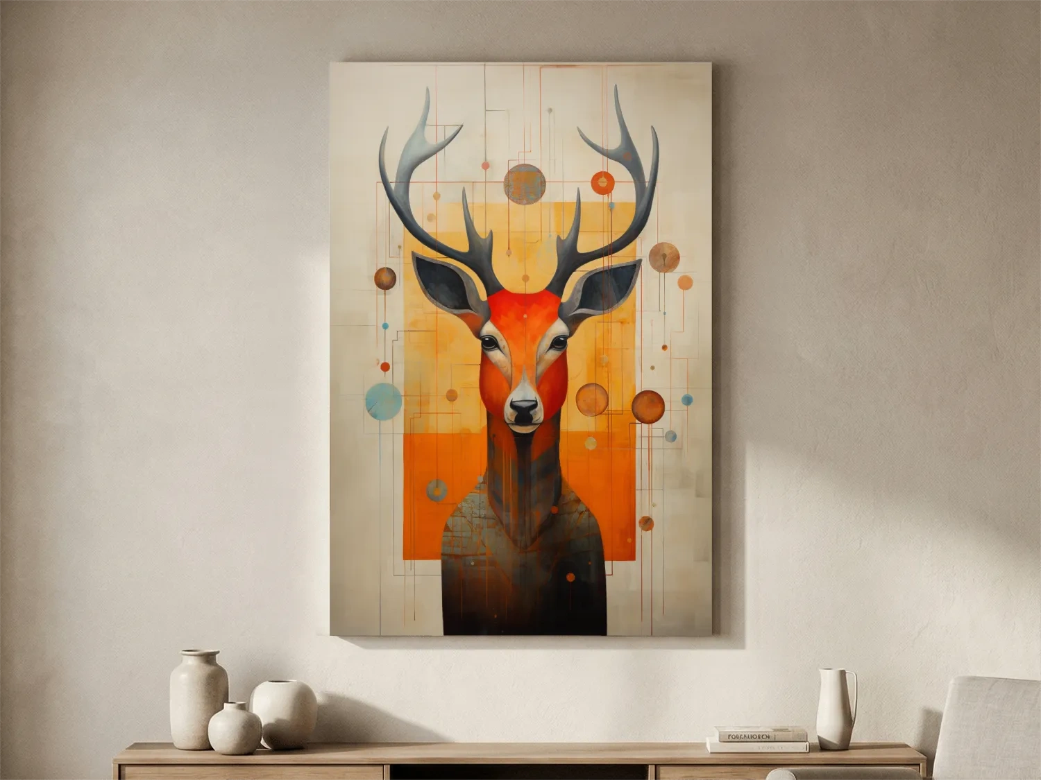 Mid Century Abstract Stag Portrait Painting - Quirky Wildlife Wall Art