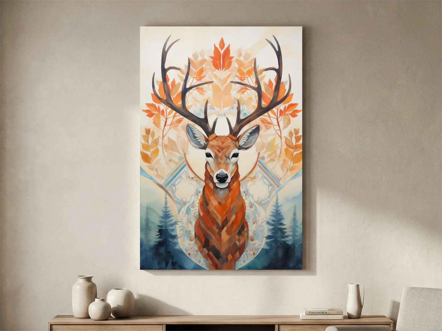 Ornate Stag Deer Watercolor Portrait - Autumn Woodland Wildlife Wall Art