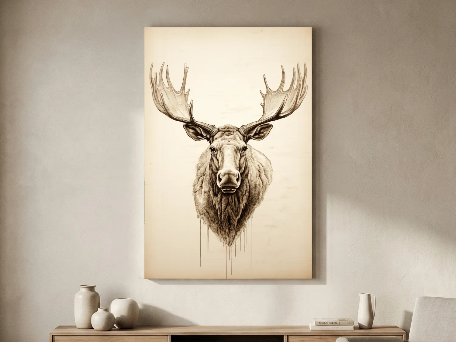 Rustic Moose Head Sketch Illustration - Vintage Sepia Wildlife Wall Art