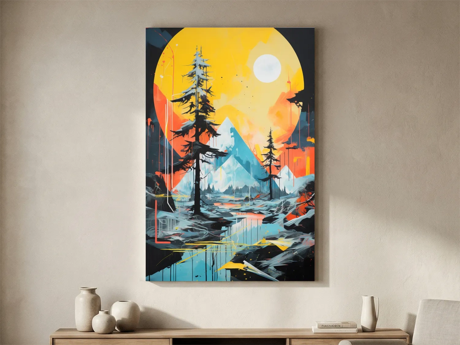 Vibrant Abstract Mountain Lake Sunset Painting - Modern Geometric Pine Forest Wall Art