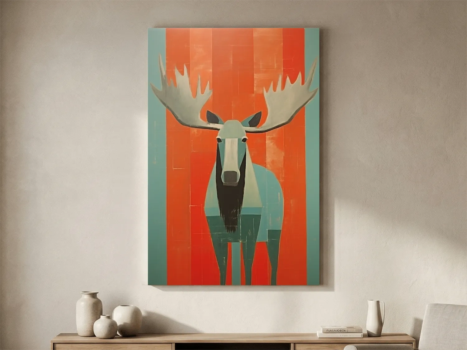 Mid Century Modern Rustic Moose Portrait Painting -  Wildlife Wall Art
