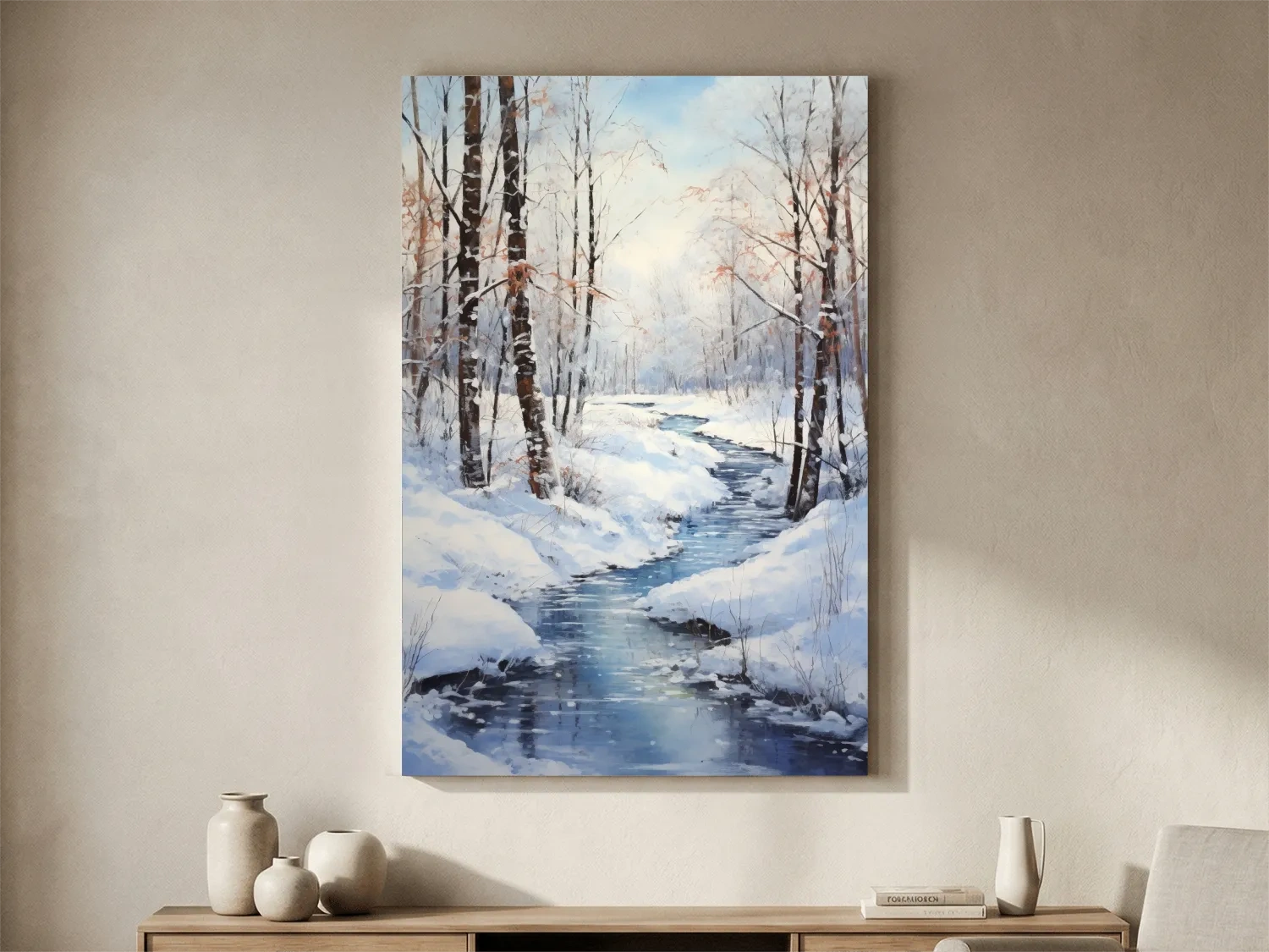 Serene Winter River Forest Painting - Snowy Woodland Wall Art