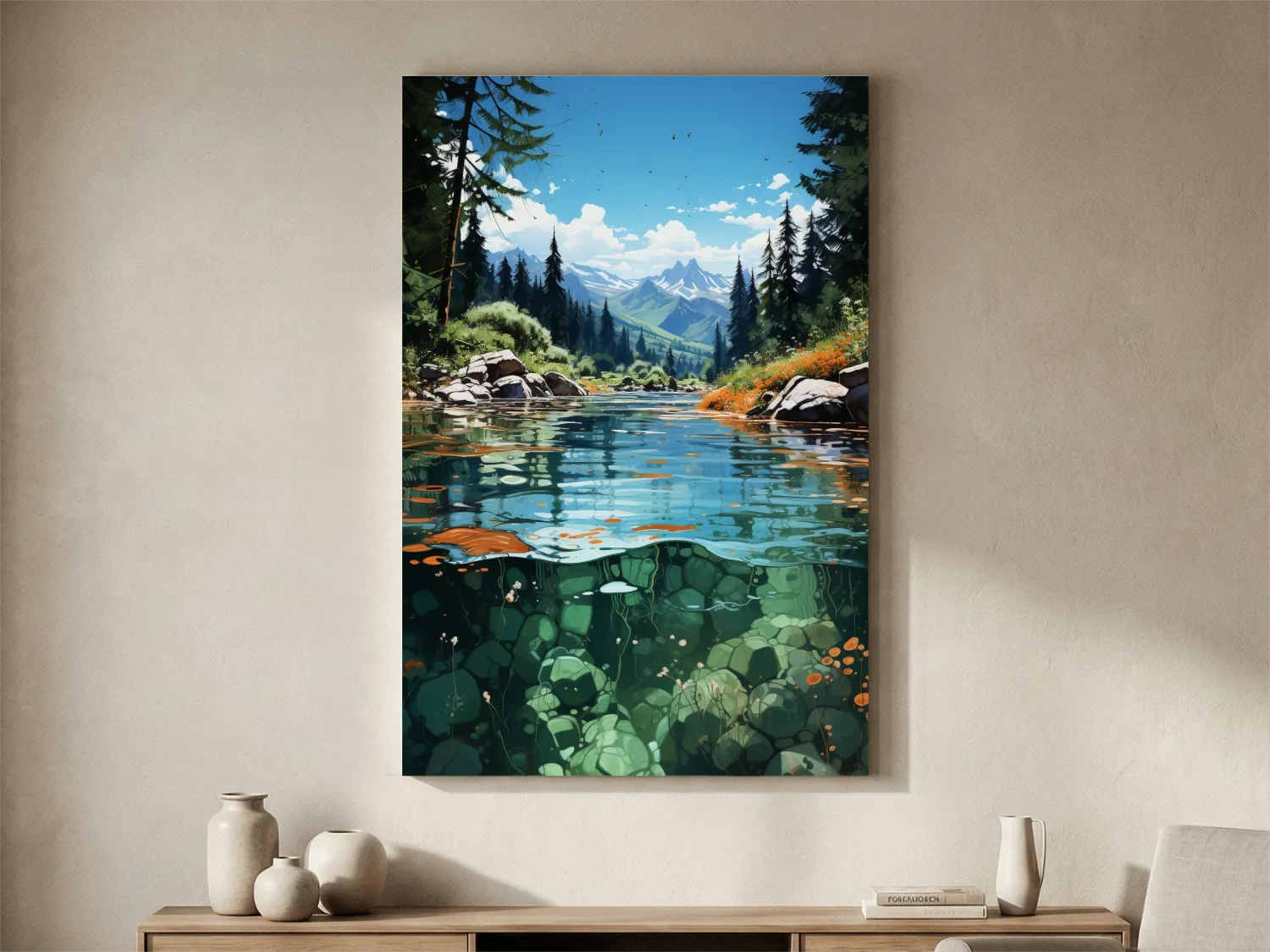 Crystal Clear Alpine River Landscape Illustration - Vibrant Mountain Forest Artwork