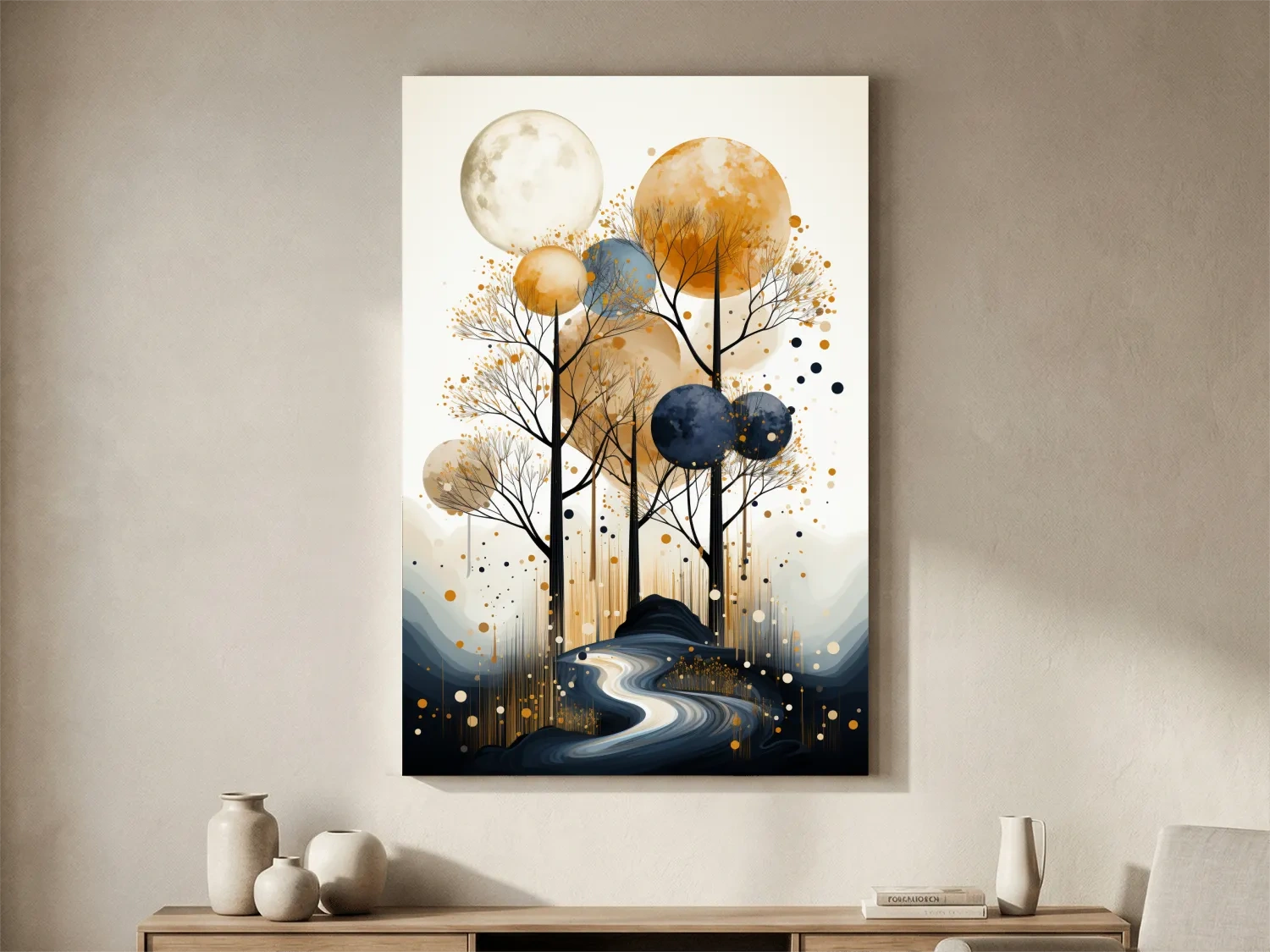 Surreal Golden Moonlit Forest River - Chic Boho Landscape Wall Art