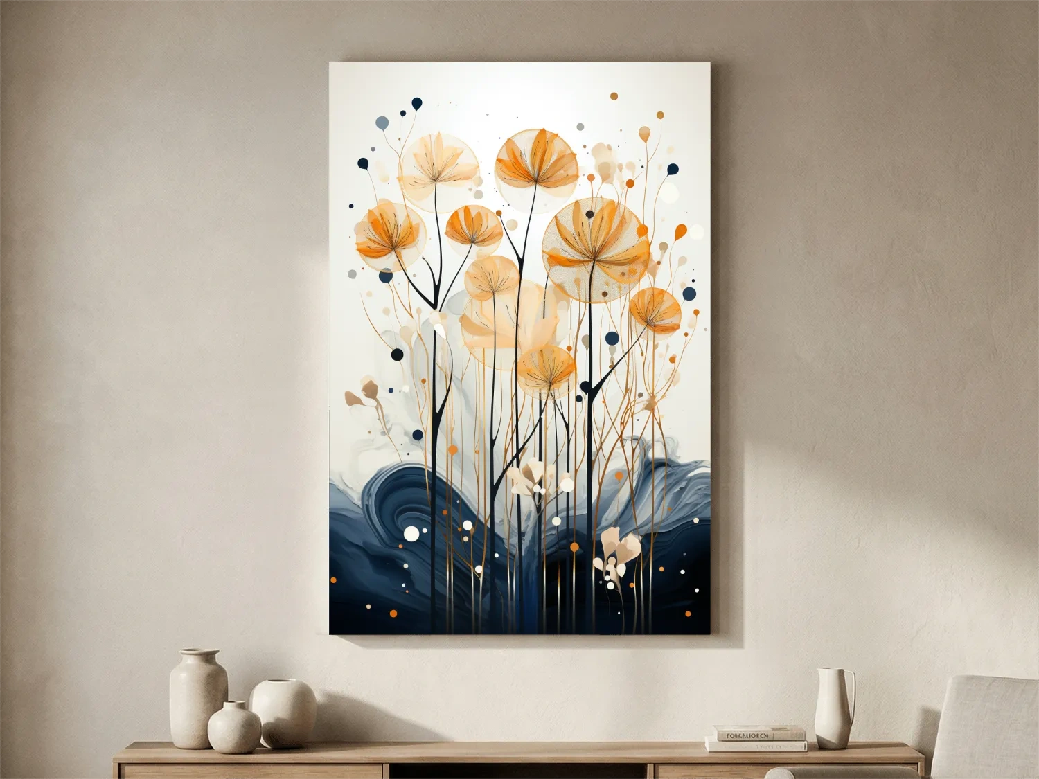 Abstract Golden Wildflower Ink Wash - Botanical Boho Wall Art