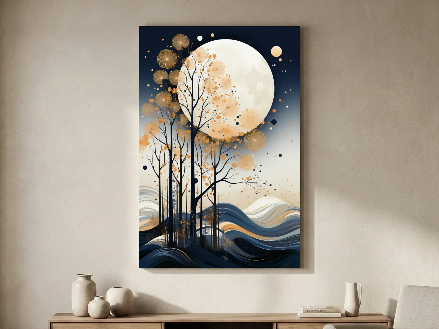 Abstract Moonlit Forest Silhouette - Elegant Boho Landscape Wall Art