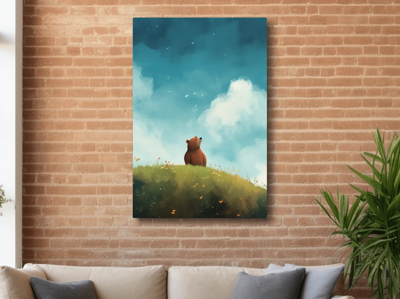 Whimsical Bear Cub Meadow Illustration - Cute Woodland Nursery Wall Art