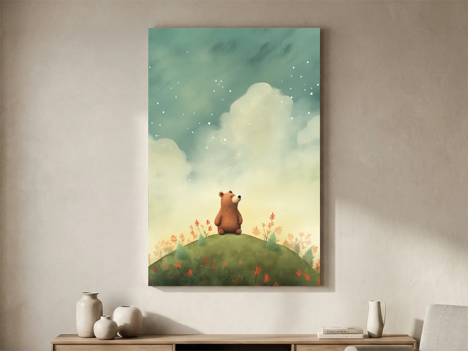 Whimsical Bear Cub Under Starry Sky - Nursery Watercolor Illustration Wall Art