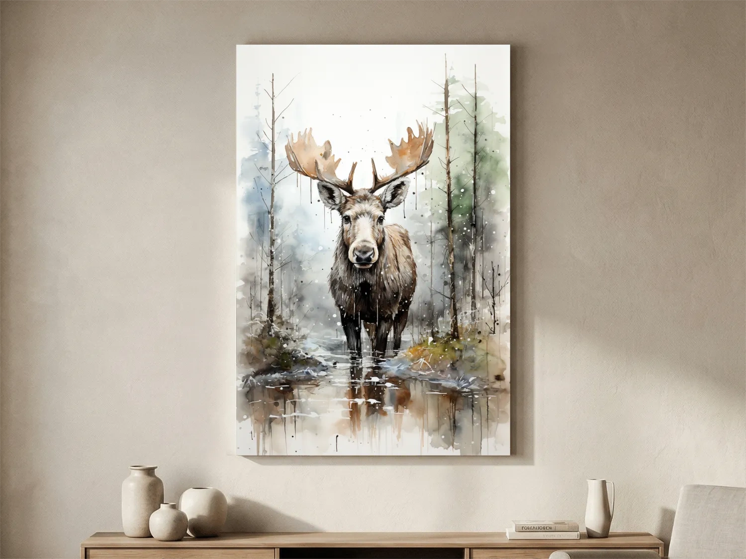 Watercolor Moose In Misty Forest - Rustic Woodland Wildlife Painting Wall Art