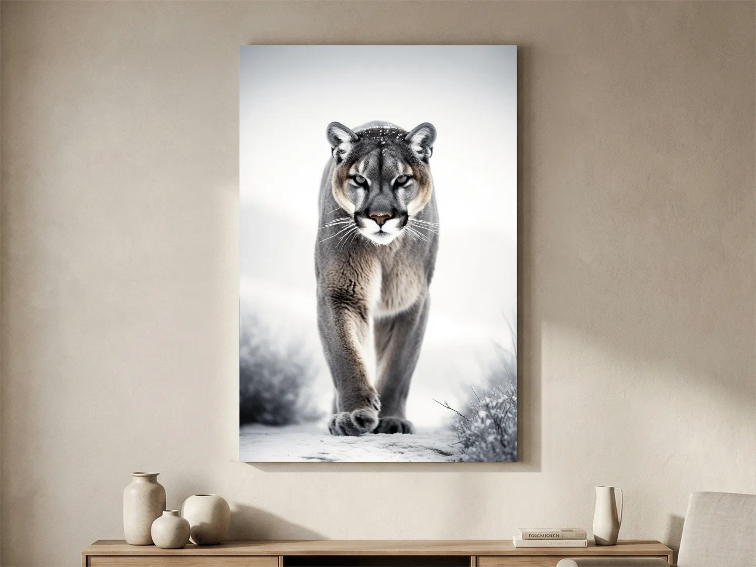 Snowy Cougar Close Up Wildlife Portrait - Winter Nature Wall Art