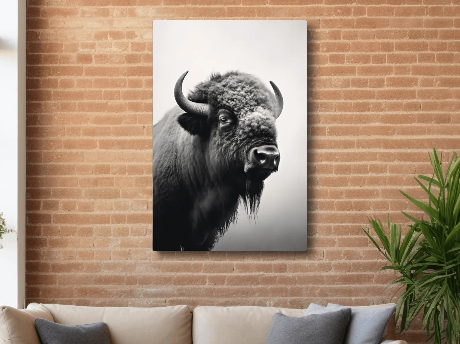 Photographic art, black and white photo of a bison on a crisp winter morning