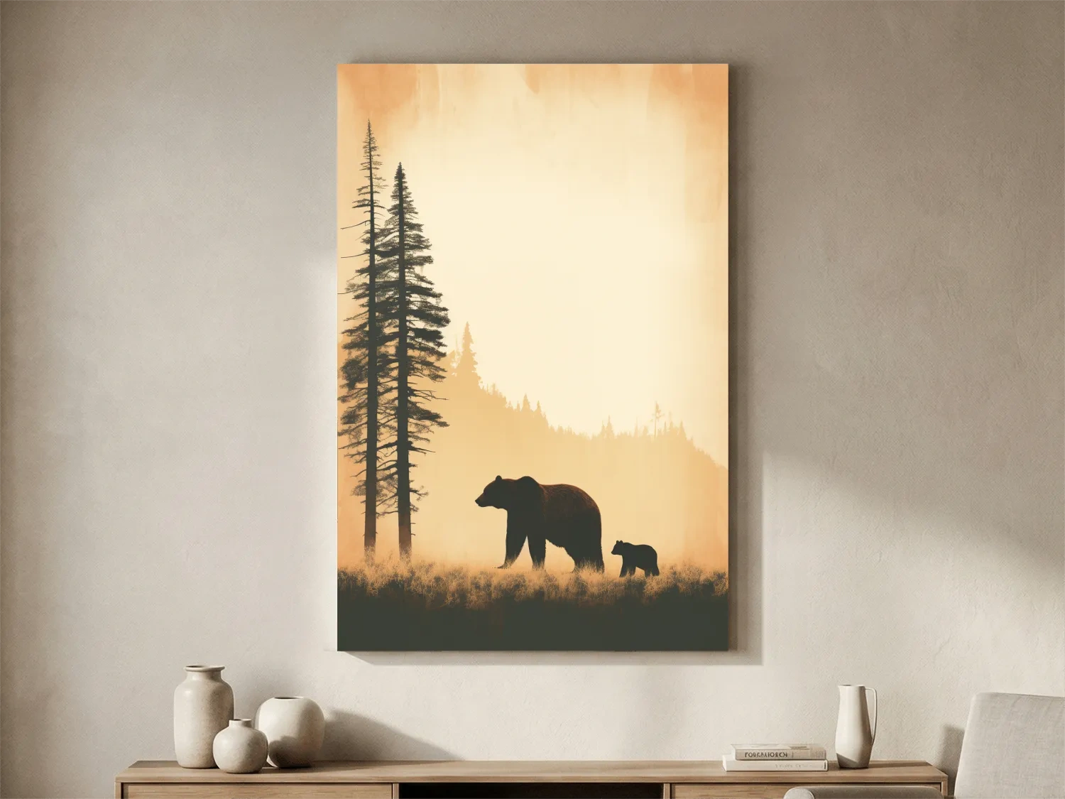 Grizzly Bear And Cub Silhouettes - Misty Forest Minimalist Wall Art