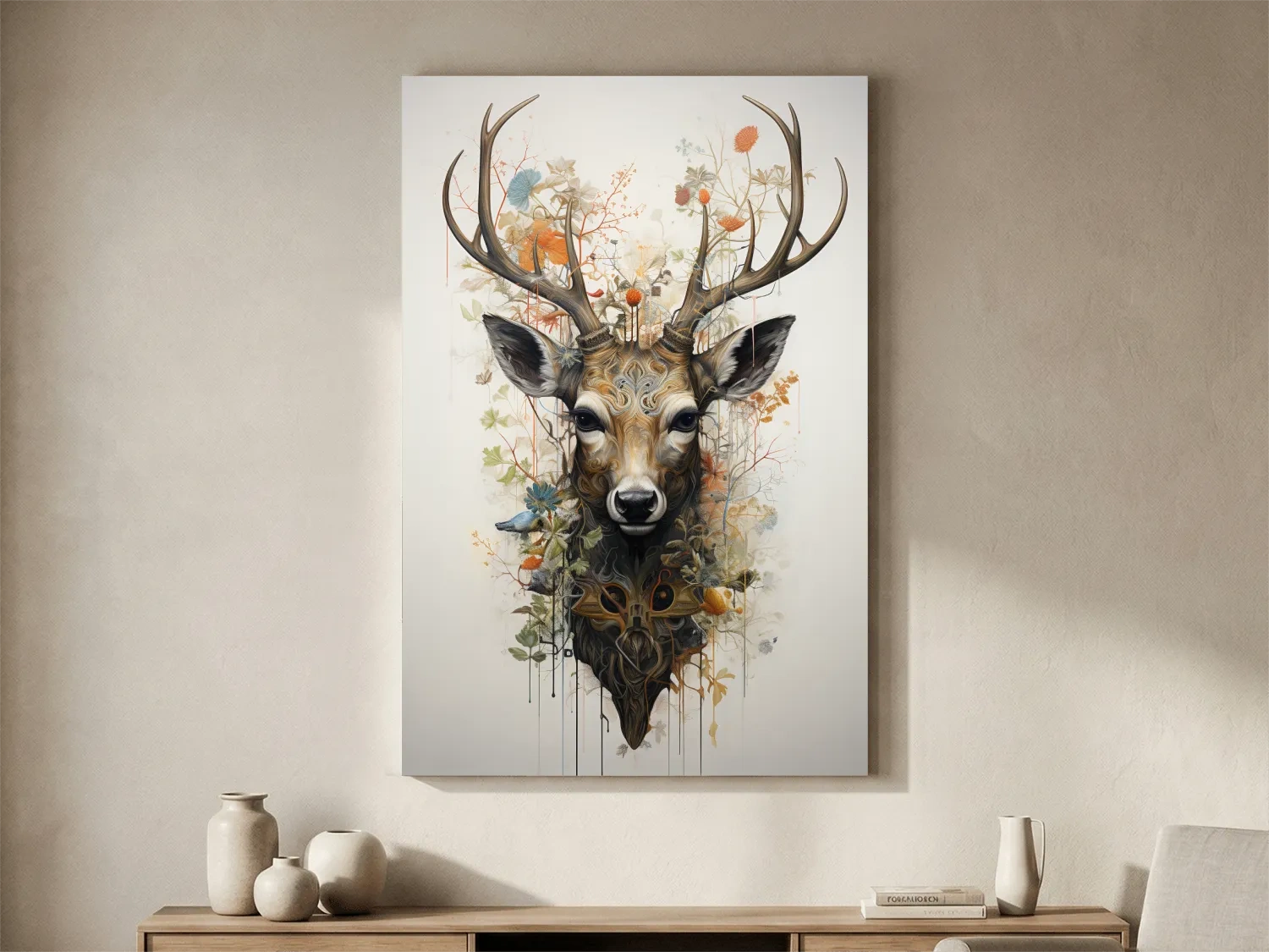 Ornate Floral Deer Head Illustration - Elegant Woodland Wildlife Wall Art