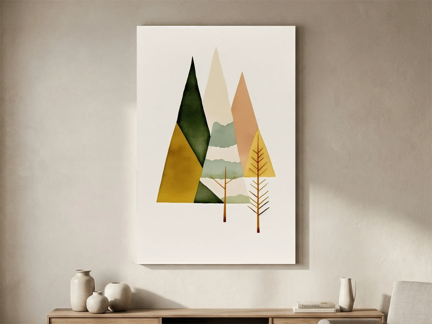 Minimalist Scandinavian Geometric Mountains - Modern Watercolor Forest Landscape Wall Art