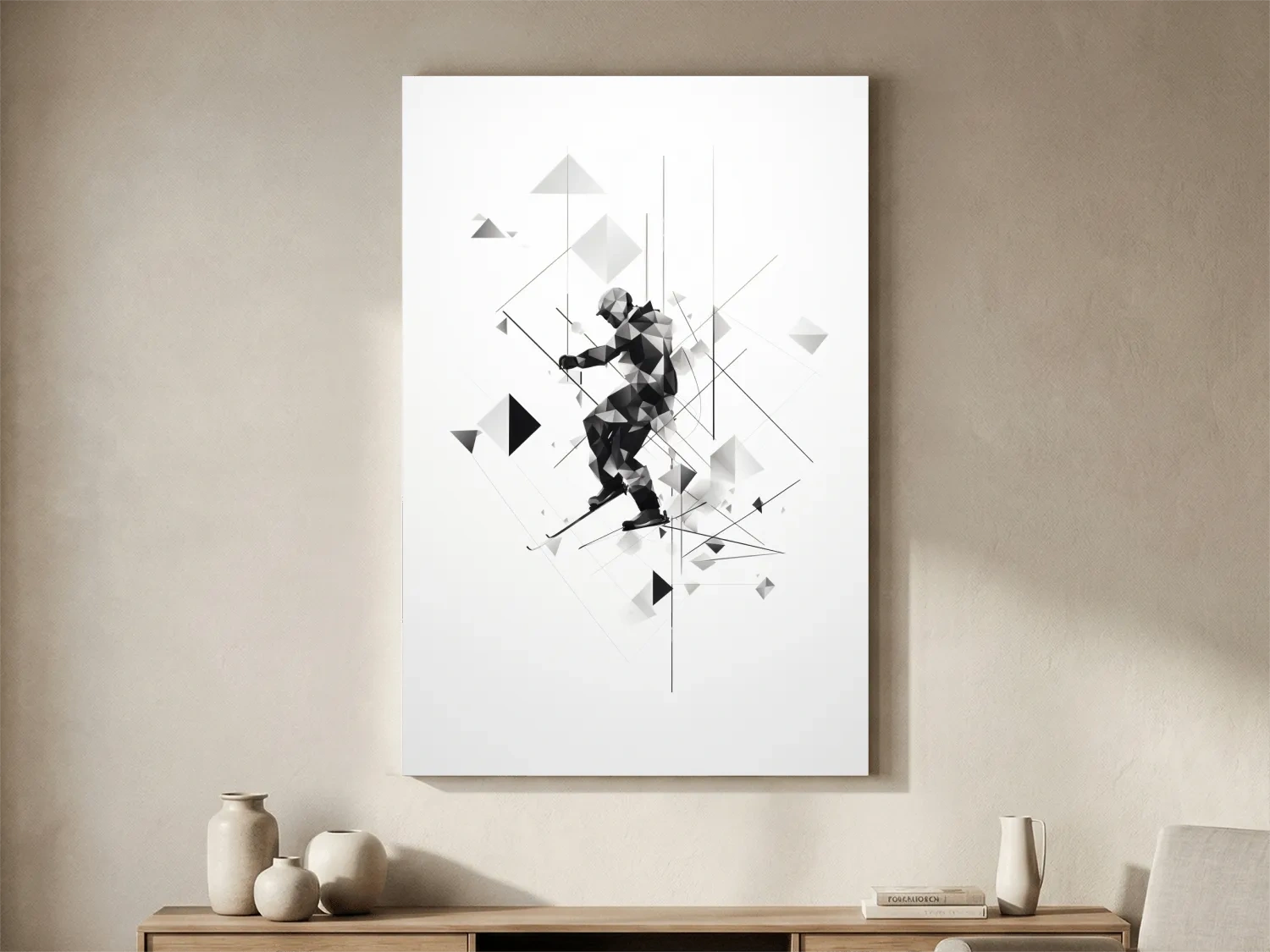 Monochrome Geometric Skier Silhouette - Abstract Winter Sports Wall Art
