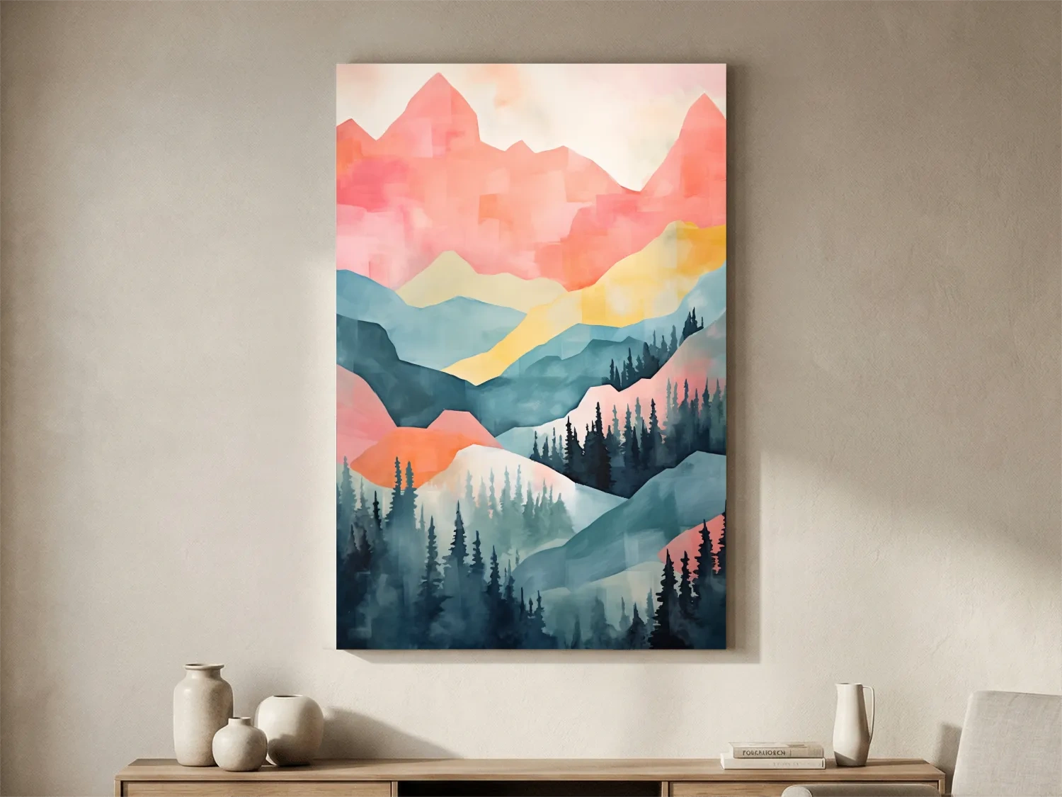 Abstract Watercolor Mountain Sunrise Landscape - Pastel Alpine Forest Wall Art
