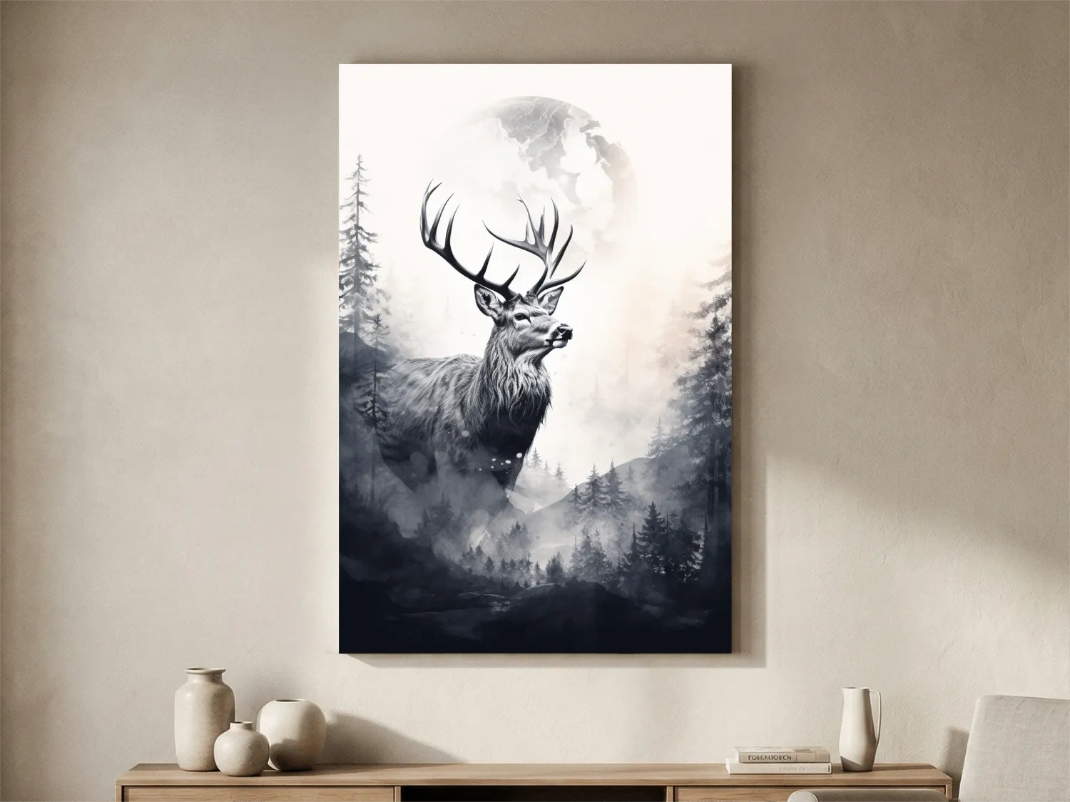 Majestic Stag In Misty Moonlit Forest - Double Exposure Wildlife Wall Art