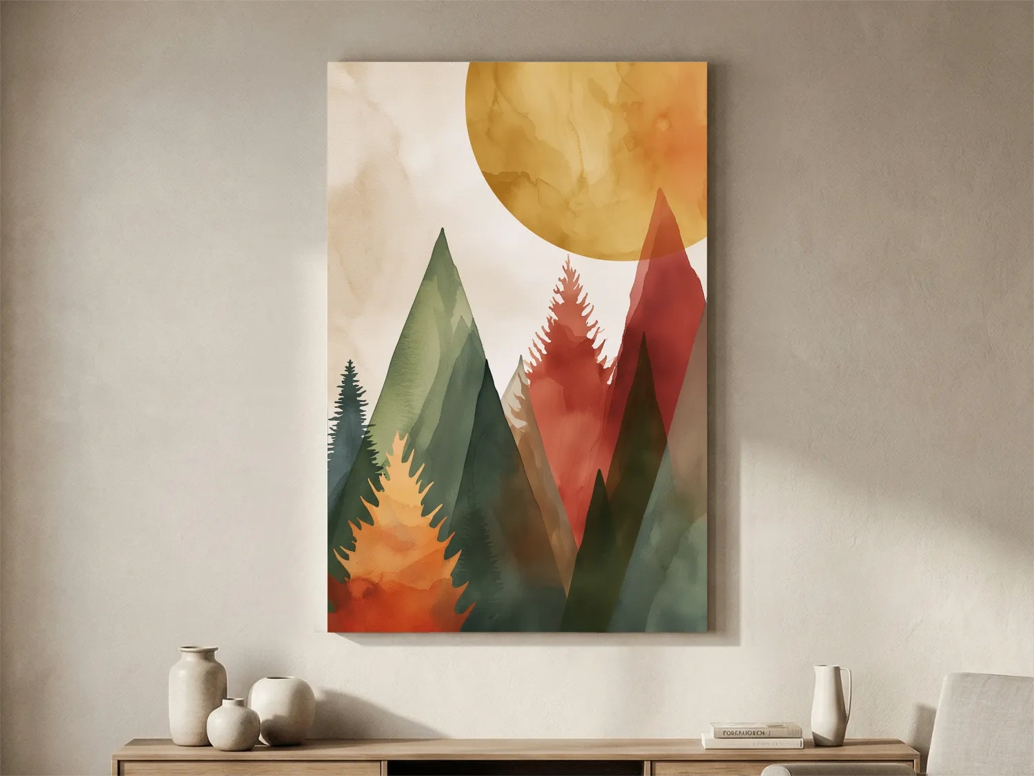 Rustic Watercolor Mountain Forest Sunrise - Modern Minimalist Wall Art