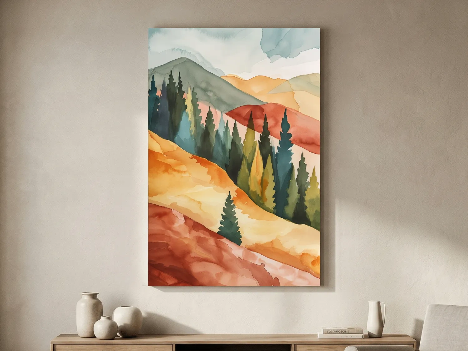 Rustic Autumn Watercolor Mountains & Pine Forest - Serene Abstract Landscape Wall Art