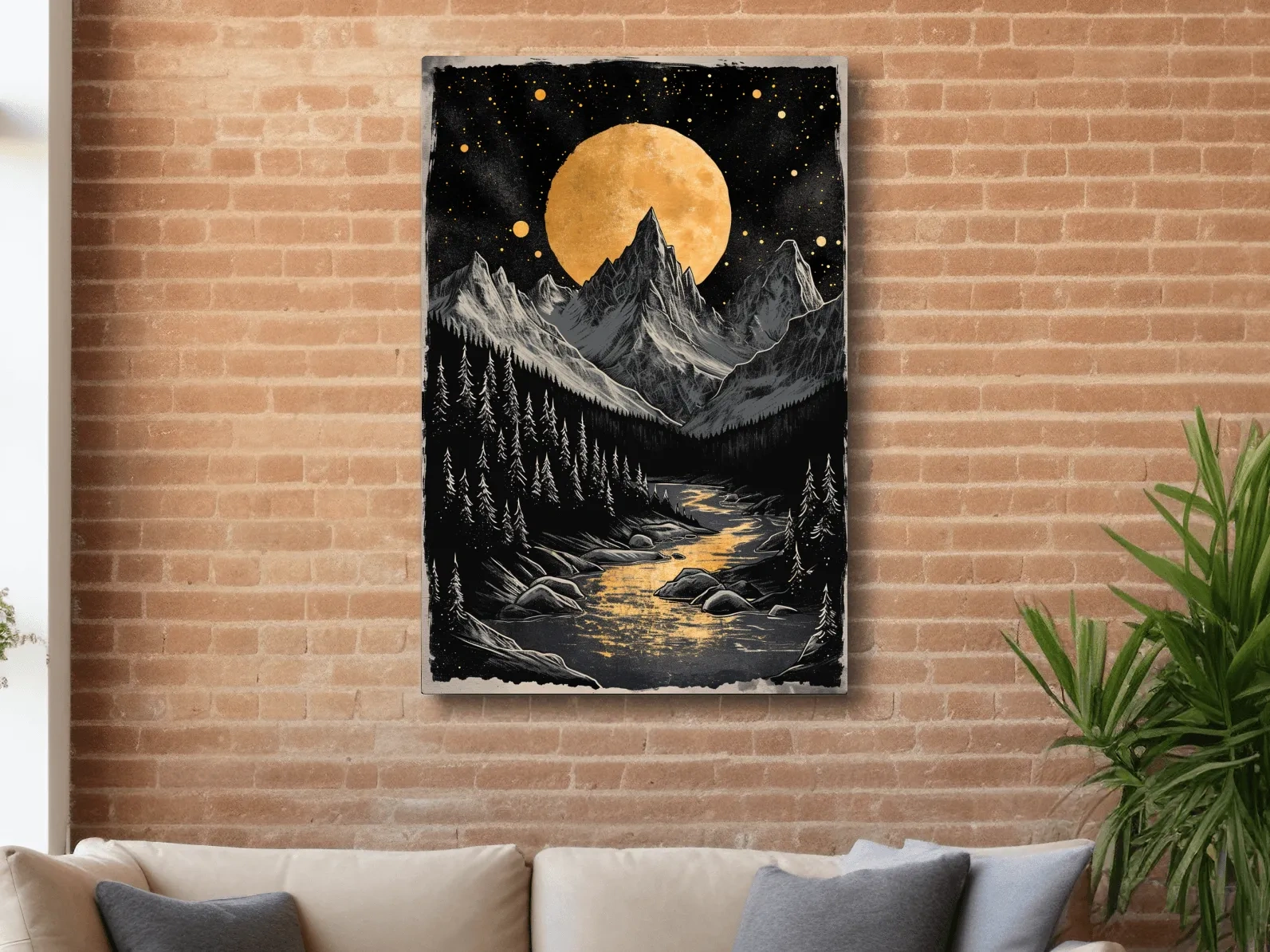 Moonlit alpine scene, dramatic glacier and moon artwork