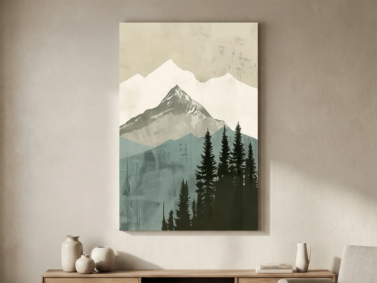 Scandinavian Mountain Peak And Pine Forest Artwork - Minimalist Landscape Wall Art