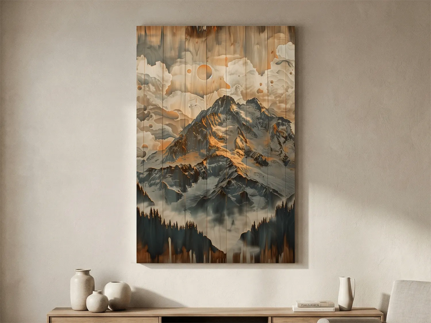 Rustic Glacier Mountain Range Artwork - Vintage Wood Grain Alpine Wall Art