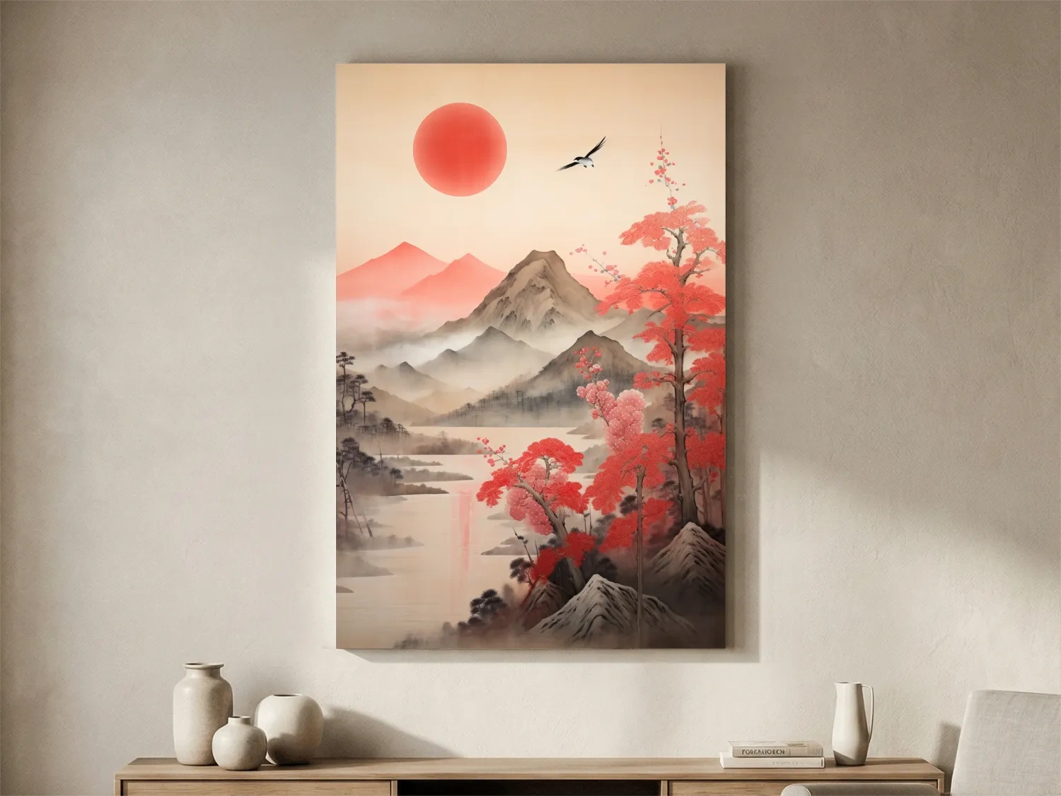 Japanese Ink Wash Mountain Sunrise - Sakura Cherry Blossom Wall Art