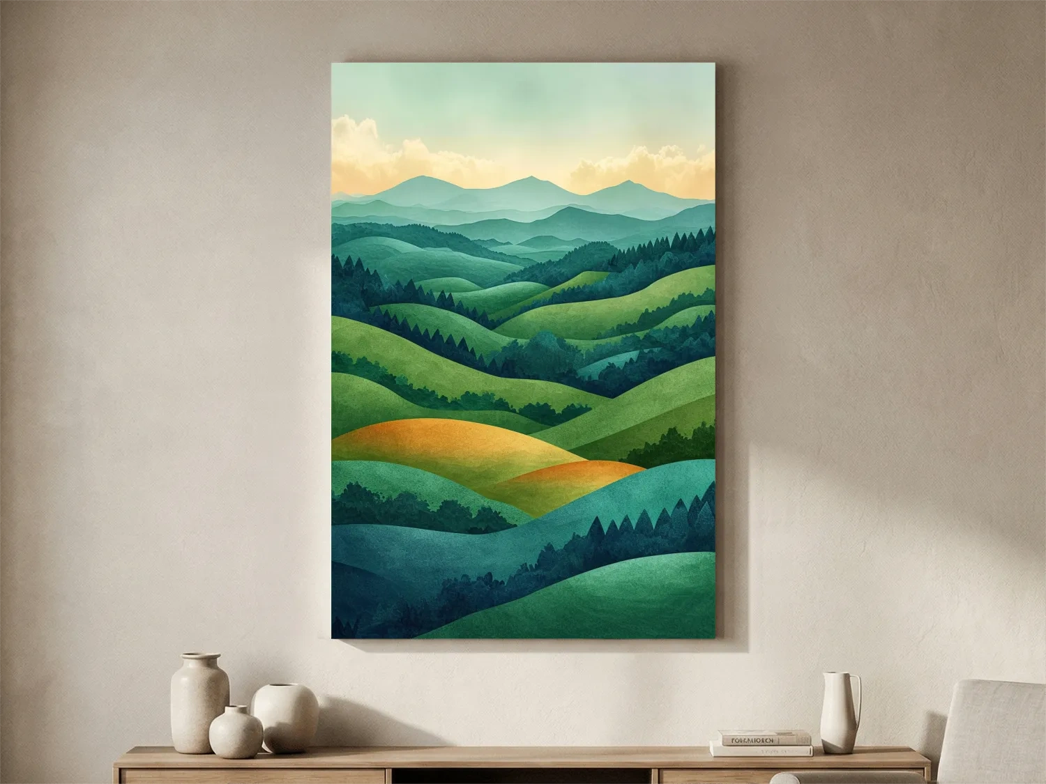 Layered Emerald Rolling Hills Landscape - Serene Scandinavian Nature Wall Art