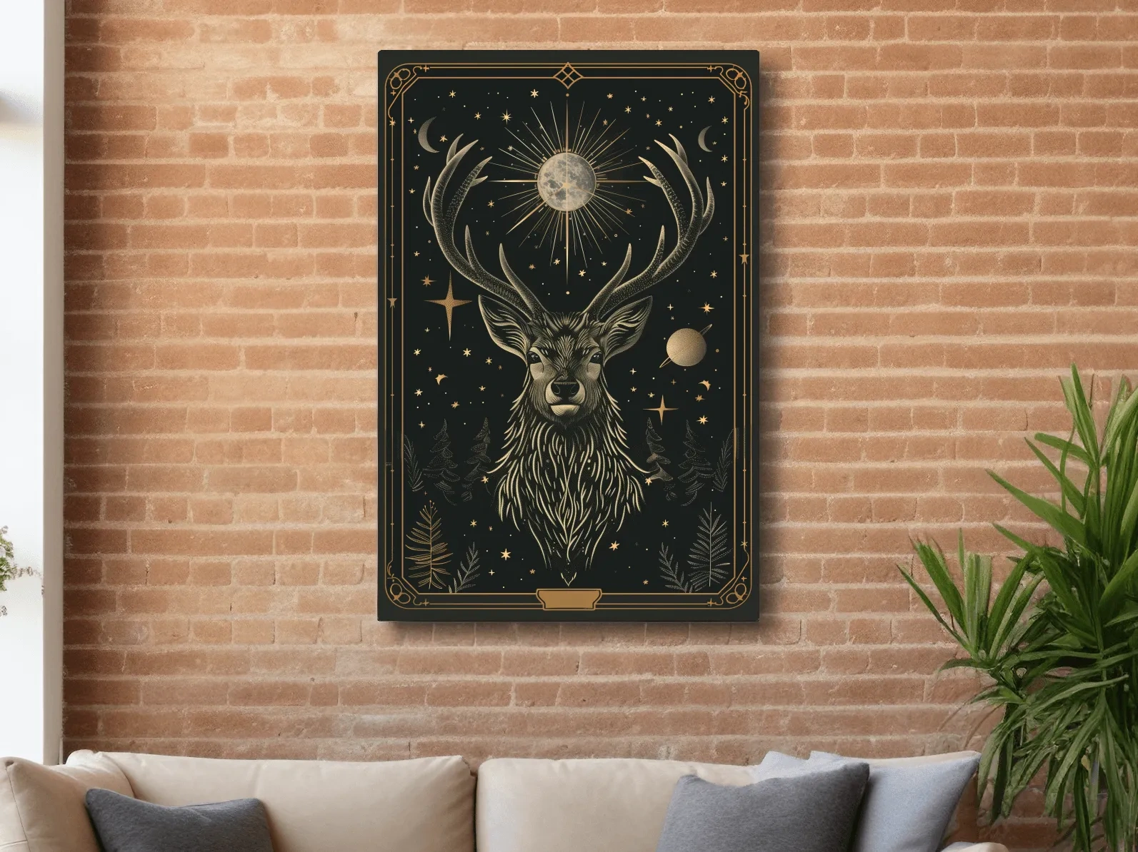 Elegant deer head tarot card style art, planetary solar system