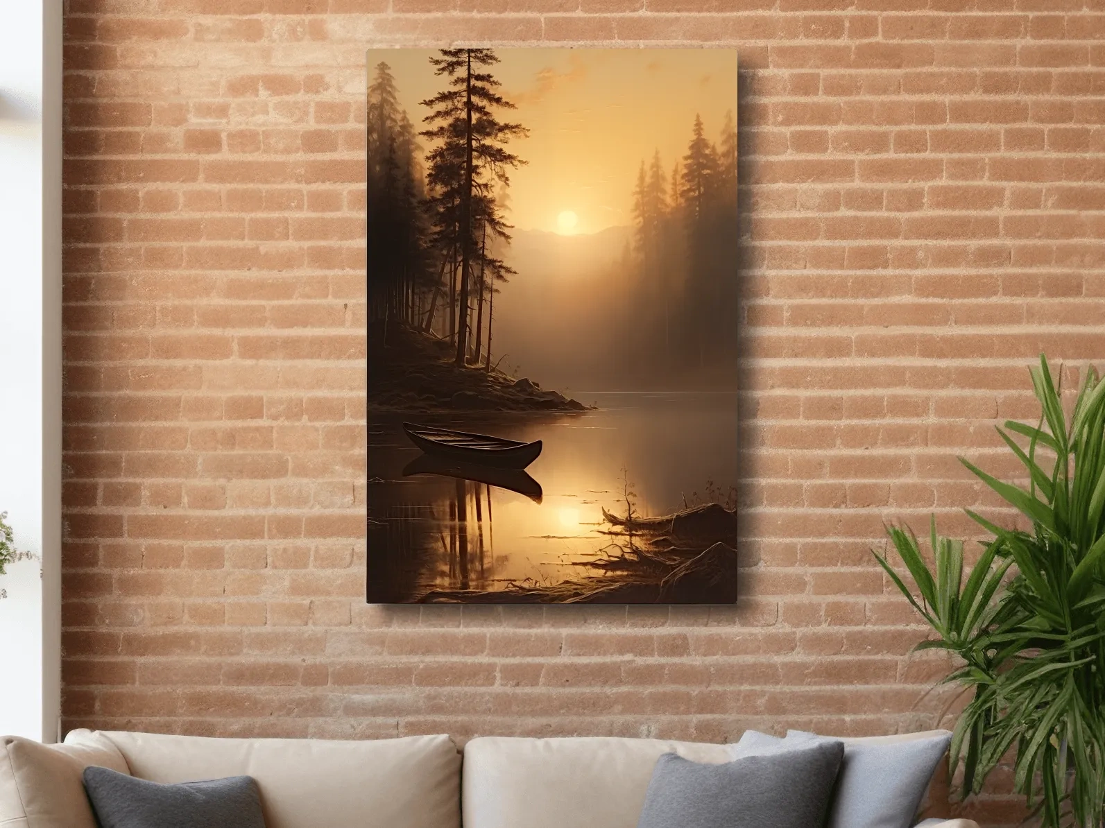 Misty Golden Lake Sunrise With Canoe - Serene Pine Forest Mountain Landscape Wall Art