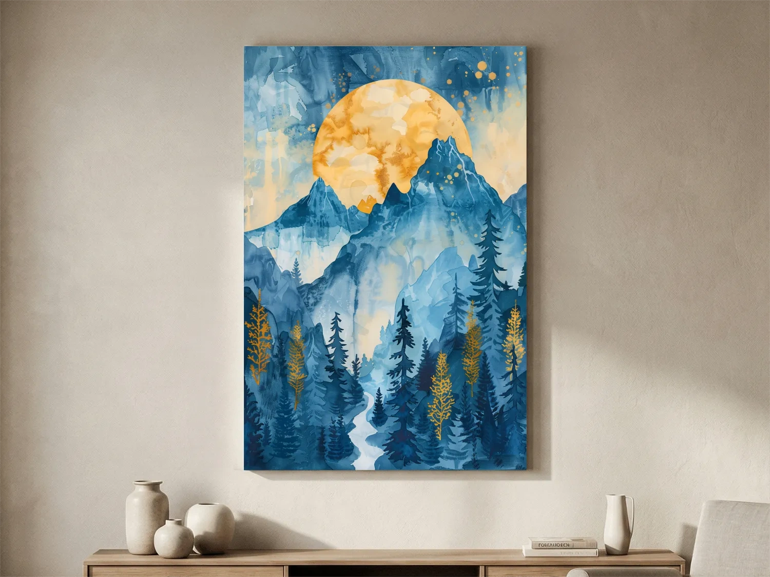 Alpine Sunset Watercolor Painting - Mountain Forest Landscape Wall Art