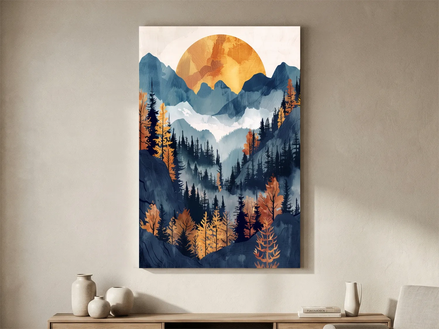 Foggy forest artwork, sunset over the mountains, textured watercolor style painting