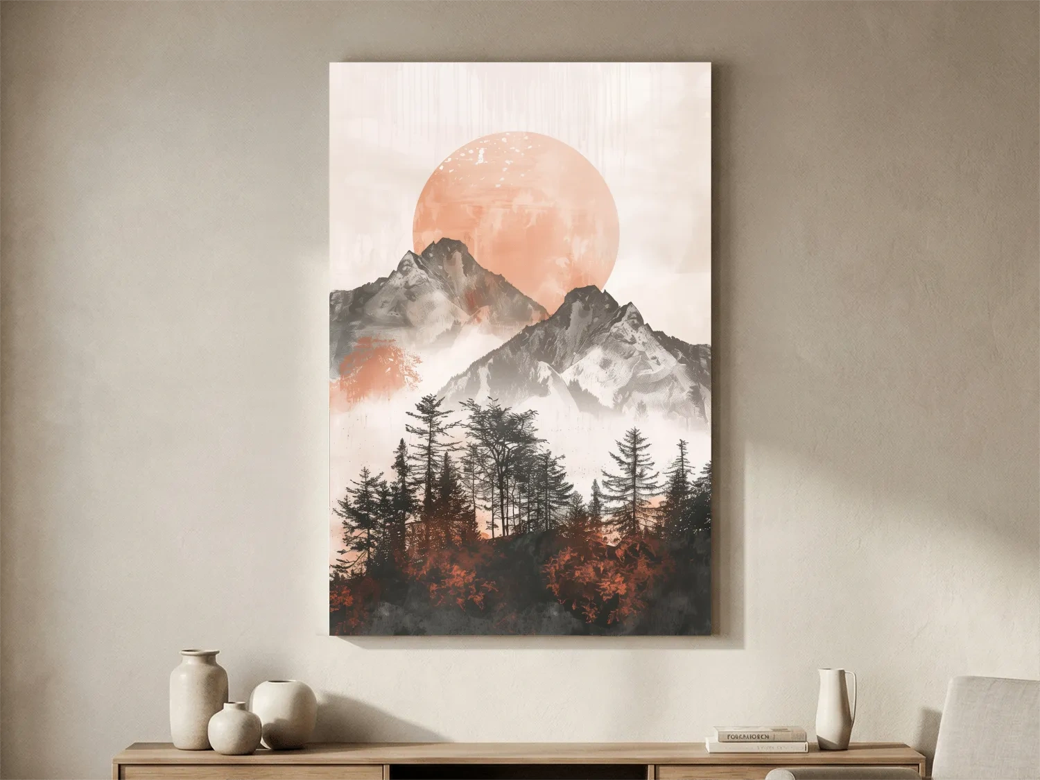 Japandi Mountain Sunrise With Pine Forest - Minimalist Watercolor Landscape Art